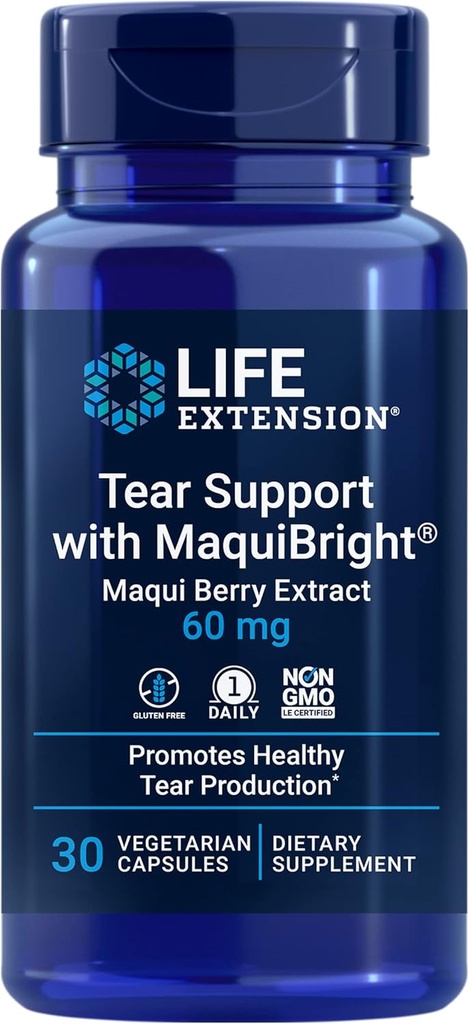 Life Extension Tear Support koos MaquiBright®, 60 mg, Maqui Berry ekstrakt kuivadele silmadele, toetab silmade tervist, julgustab pisarate tootmist, gluteenivaba, mitte-GMO, 1 igapäevane, taimetoitlane, 30 kapslit