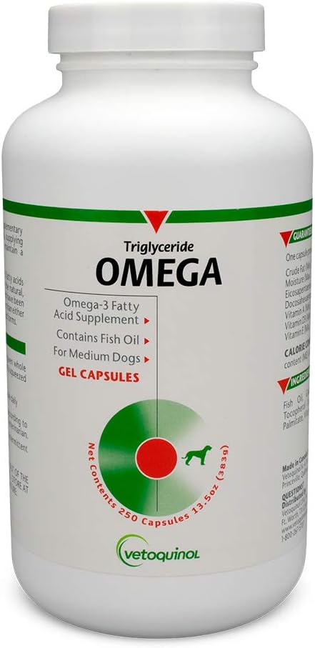 Vetokinool Triglütseriid Omega koera toidulisandi kapslid, keskmise tõuga: 30-60 naela, 250 ct