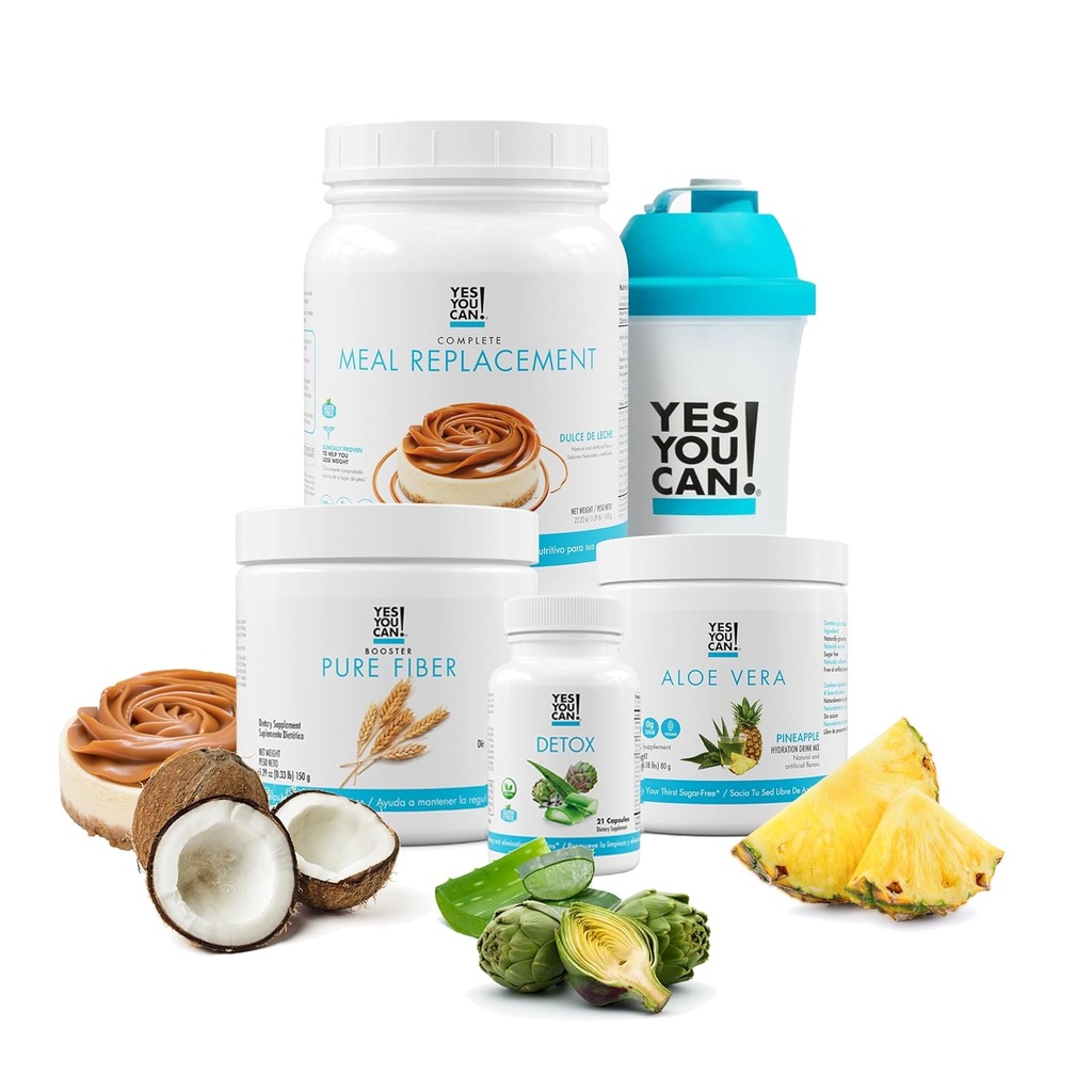 Jah, saate! Detox Plus Kit, igapäevane puhastamine puhas kiudaine toidu asendamine, joogisegu, raputamise võimendaja ja täiendus, keha puhastuskomplekt naistele, igapäevane puhastamine - Dulce de Leche, Aloe Vera Peach Lemonade