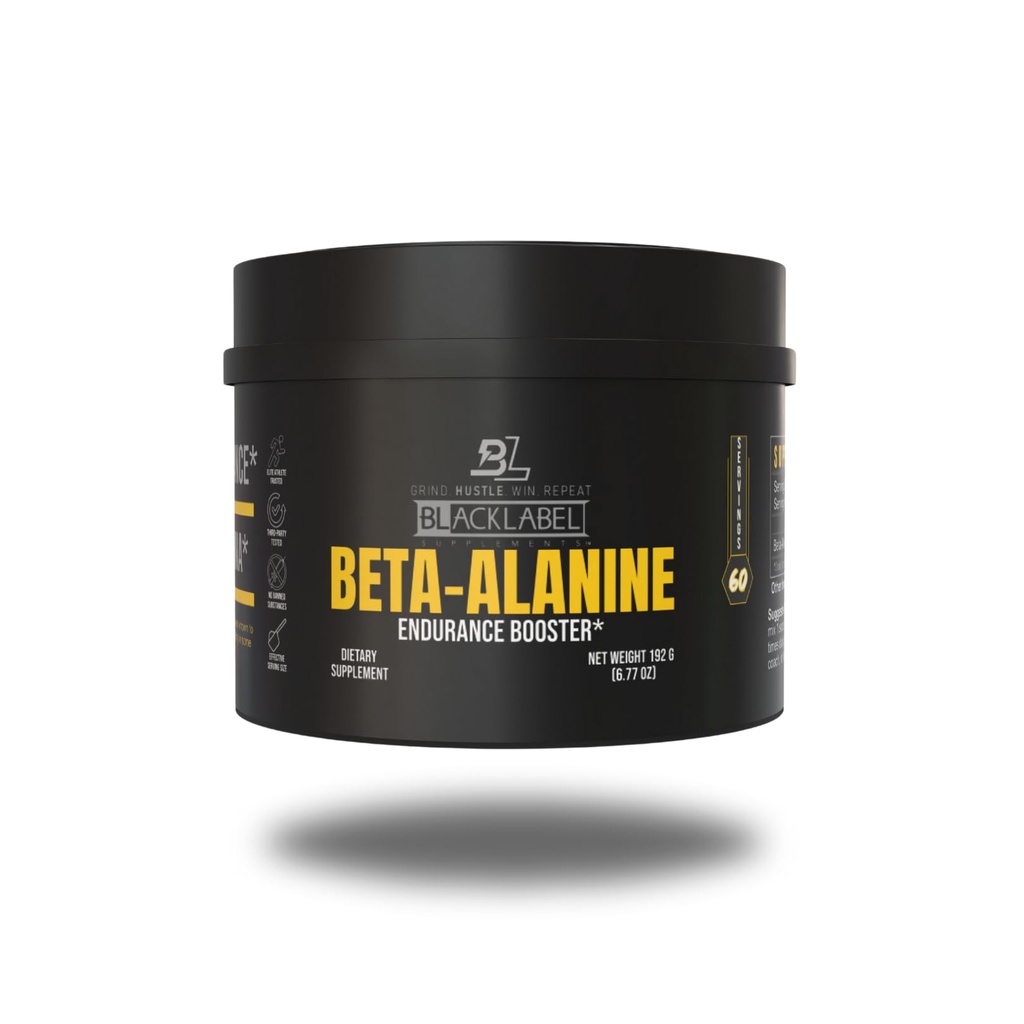 BLACKLABEL lisab beeta-alaniinpulbrit, 60 serveerimist – maitsestamata aminohappelisandit vastupidavuse toetamiseks, kõrge intensiivsusega treeninguks, sprindiks, Crossfit & Sport Performance - kofeiinivaba
