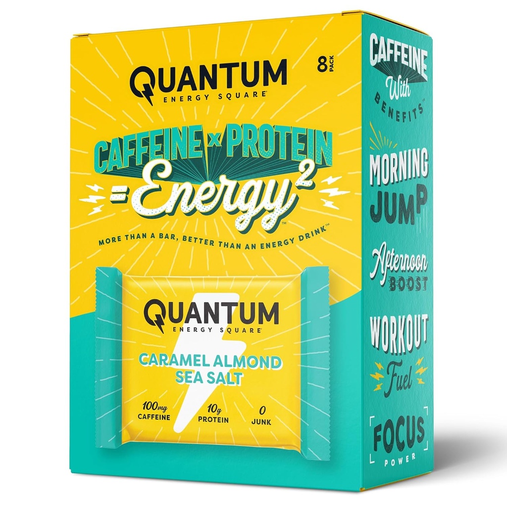 Kvantenergia väljak: energiabaar kofeiini ja 10 g valguga. Maitsev tervislik snack on the Go. (Vegan, Gluteenivaba, Sojavaba, Piimavaba) (Karamell Mandli meresool)