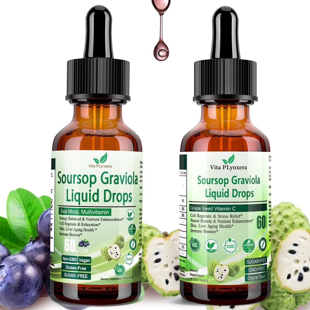 2 Pack Soursop Bitters Vedel Orgaaniline Soursop Ekstrakt Multivitamiinitilgad w. Sea Sammal, Viinamarjaseeme, Elderberry, Rafineerimata Soursop Oil for Skin, Immune Boost, Seedimisabi