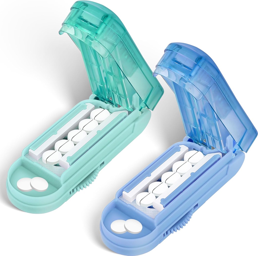 DUBSTAR 2PCS Pill Cutter Splitter väikestele ja väikestele pillidele, mitme pilli lõikajad väikestele või suurtele pillidele, reguleeritav pillide jaotus keskseadme ja plaatide kaitsega (sinine + tsüaan)