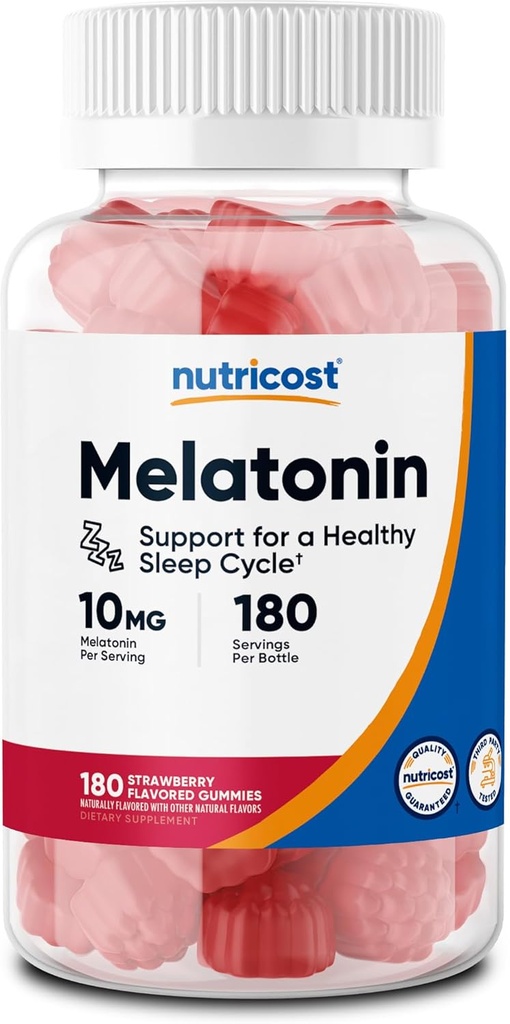 Nutricost Melatonin 10mg, 180 Gummies, Strawberry Flavored - Gluten Free, Non-GMO, No Corn Syrup