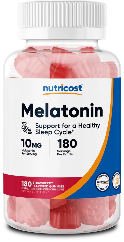 Nutrikost Melatoniin 10mg, 180 Gummies, Maasikas Maitsestatud - Gluteenivaba, Non-GMO, No Corn Syrup