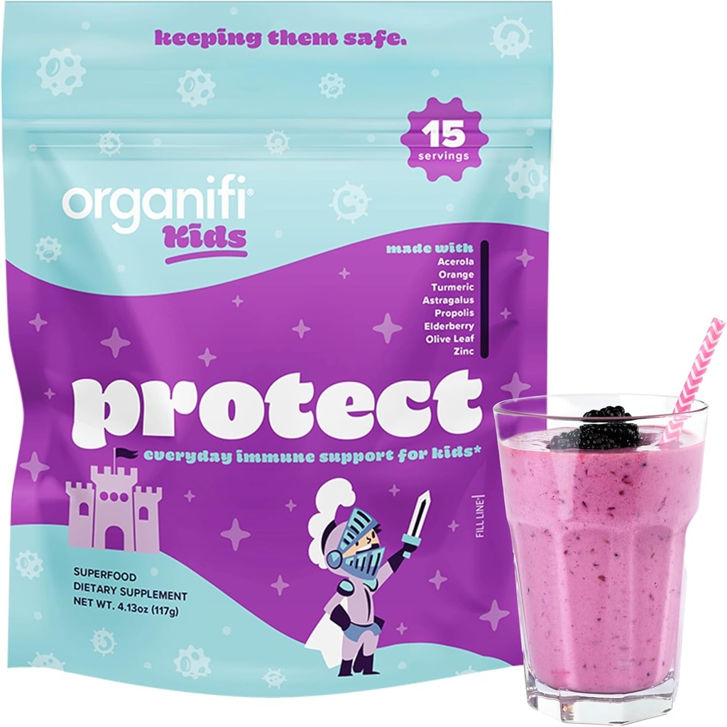 Organifi Kids: Protect - Everyday Immune Support for Kids with Elderberry, Acerola Cherry and Zinc - Berry Maitsestatud Immuunsuse Pulber - Taimepõhine, Vegan ja Ei Gluteeni, Piima või Soja - 15 Servings