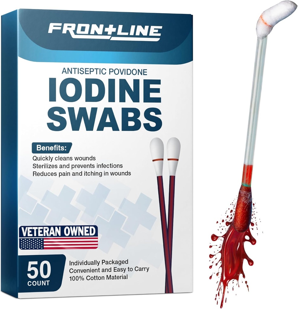 FrontLine Povidone joodi tampoonid, antiseptilised tampoonid, joodilahus, puhastav puuvilla tampoon, individuaalselt pakitud meditsiinitarbed, haavahooldus, esmaabi, haavapuhastaja, karp 50
