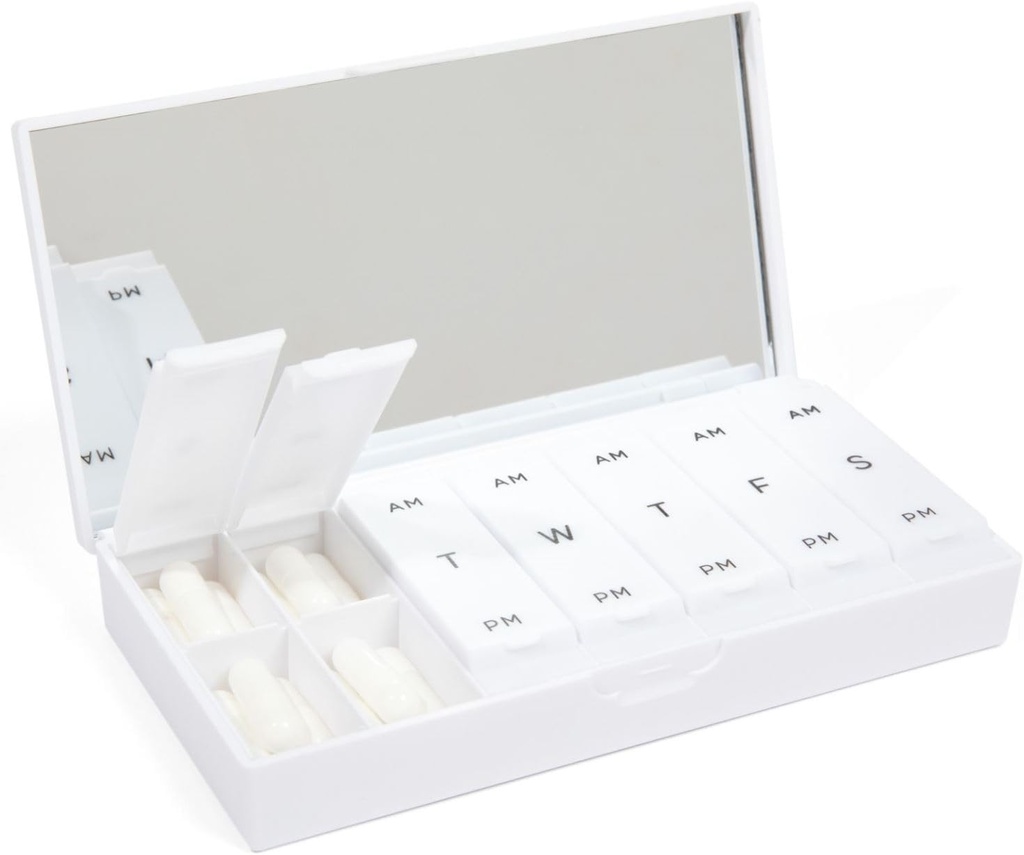 PORT X POLISH Designer Weekly Pill Box Korraldaja (AM/PM 2X Daily, Crisp White) | Kompaktne, stiilne 7-päevane vitamiinilisajuhtum | armas kaasaskantav Mini reisimeditsiini vedaja | BPA-vaba Pillbox Caddy