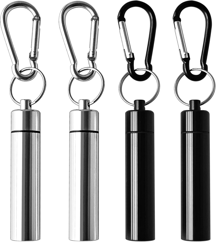 4 Pakend Kaasaskantav Pill Box ümbris Alumiinium Alloy Keychain Pill Holder Veekindel Metal Earplugs Hambapikk Box Outdoor Camping Travel (2Pcs Black + 2Pcs Silver)