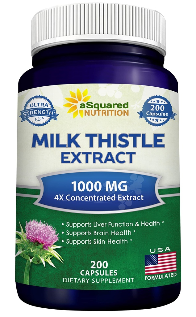 aSquared Nutrition Piimaohakalisandi 1000mg-200 Kapslid,Max Tugevus 4X Kontsentreeritud Ekstrakt 4: 1 Piimaohakaseemne pulber Herb Pills, 1000 mg Silymariini Ekstrakt Maksatoetuseks, Puhastus, Detox