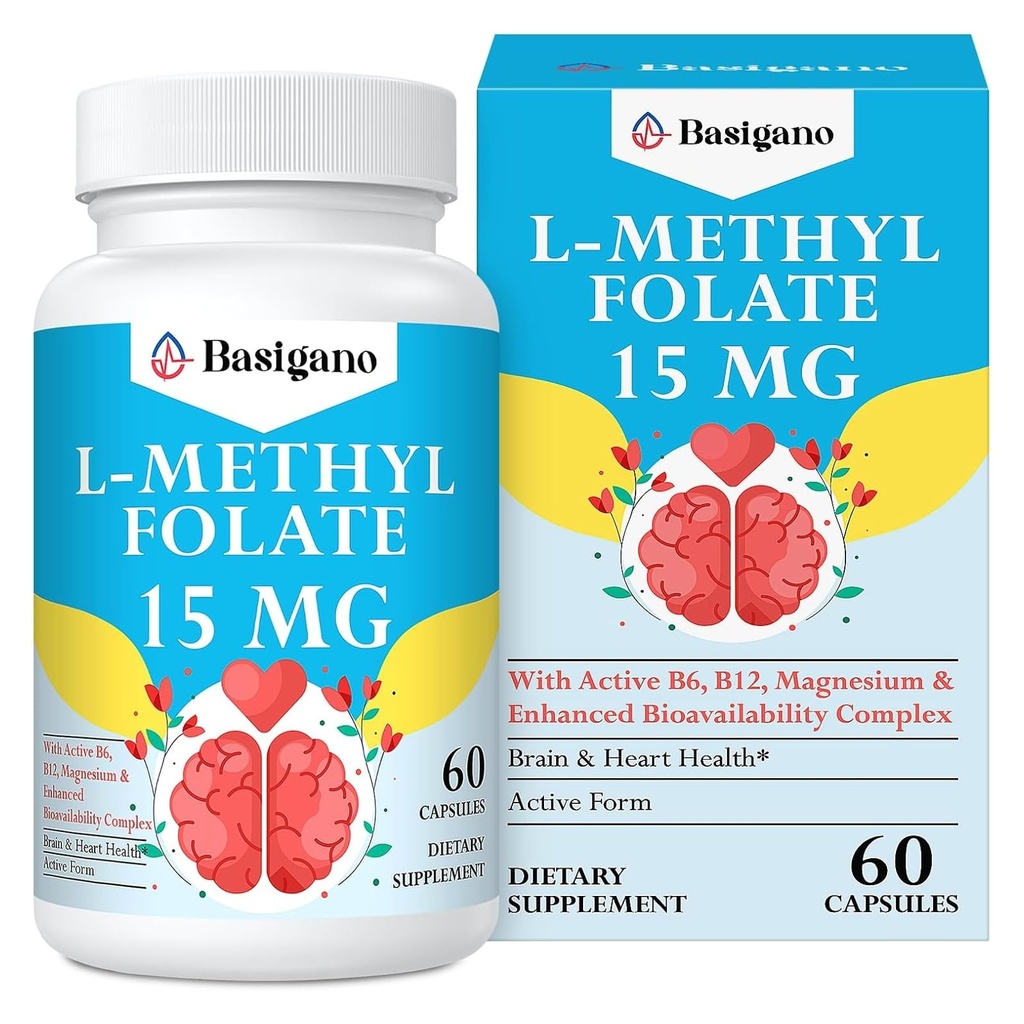 15mg L Metüülfolaat (5-MTHF) - aktiivne foolhape, rikastatud vitamiinidega B6 ja B12-60 taimekapslid - mitte-GMO, gluteenivaba