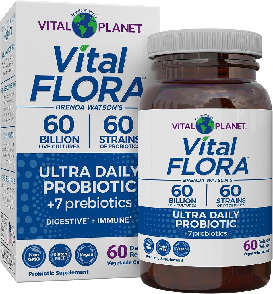 Vital Planet - Vital Flora Ultra Daily Probiotic 60 Billion CFU, Diverse Strains, Organic Prebiotics, Immune Support, Bloating Relief, Digestive Health Probiotics for Women and Men 60 Capsules
