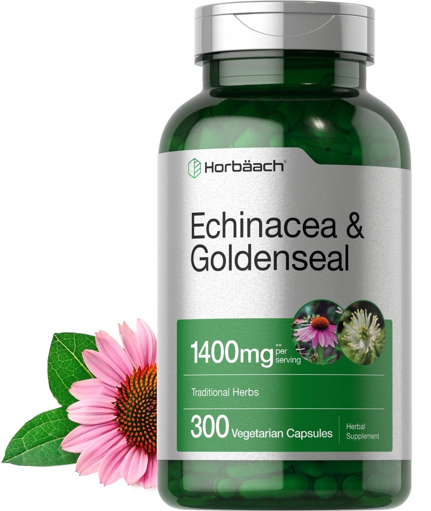 Horbäach Echinacea Goldenseal Capsules | 1400mg | 300 Count | Taimetoitlane, mitte-GMO, Gluteenivaba ekstrakti täiendus