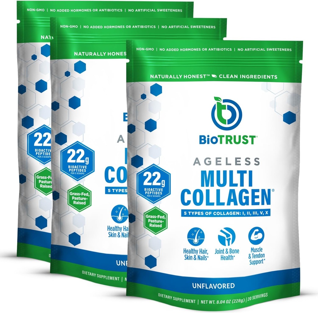 BioTrust Ageless Multi Collagen Peptides Pulber – 5 tüüpi (I, II, III, V, X) – Maitsestamata kollageenipulber naistele ja meestele – Hüdrolüüsitud valk – Rohusööda veiseliha, kala, kana, munakoore membraan, 3-pk