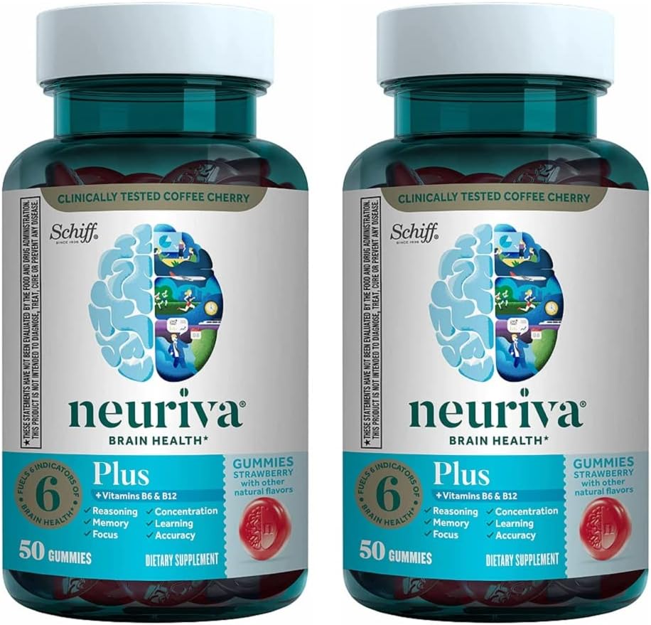 NEURIVA Plus Brain Supplement mälu, fookus ja kontsentratsioon + Kognitiivne funktsioon nootroopika fosfatidüülseriin ja neurofaktor, VIT B6 & B12, maasikamaitse, 50 Gummies (2 Pack)