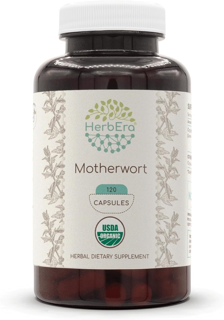 HerbEra Motherwort USDA Orgaaniline 120 kapslit | Looduslik taimsete toidulisand | Sertifitseeritud orgaanilised taimetoitlased kapslid ja orgaaniline emakas (Leonurus Cardiaca) Kuivatatud ürdi (120 kapslit)