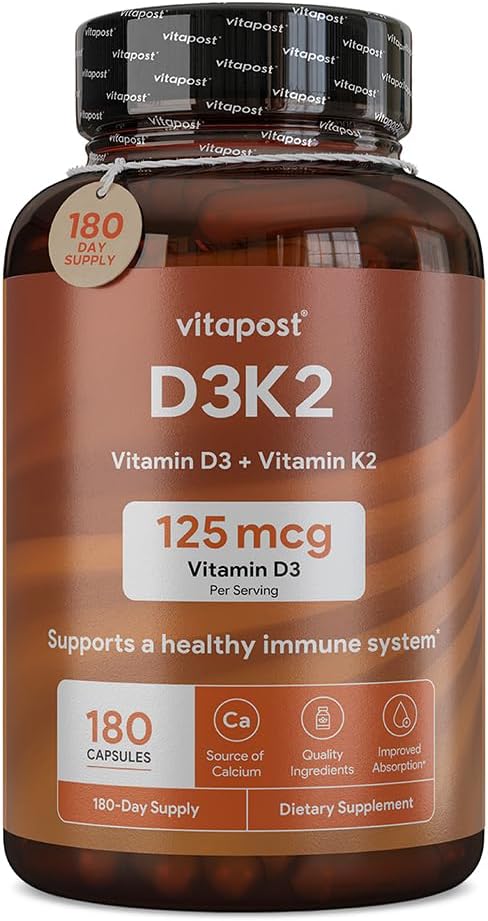 D3K2 | D3 K2 ühendab K-vitamiini ja D-vitamiini kaltsiumi ja bioperiiniga. D3 ja K2 toidulisandid Tervislikud luud, süda ja lihased | 180 kapslit
