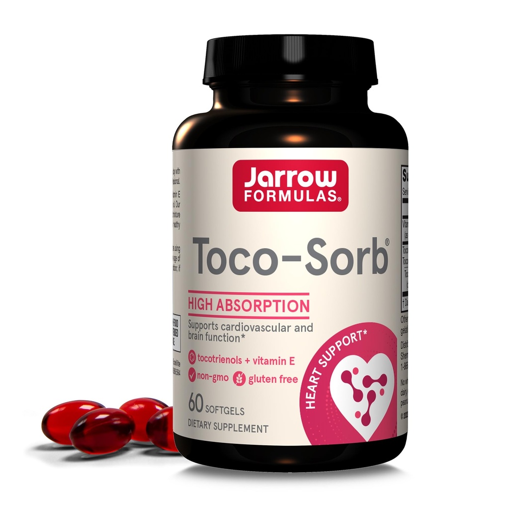 Jarrow Formulas® Toco-Sorb südame-veresoonkonna tervise ja ajufunktsiooni tugi, kõrge imendumise valem, tokotrienooli-tokoferooli kompleks ja E-vitamiin, 60 softgeeli, 30 päeva pakkumine