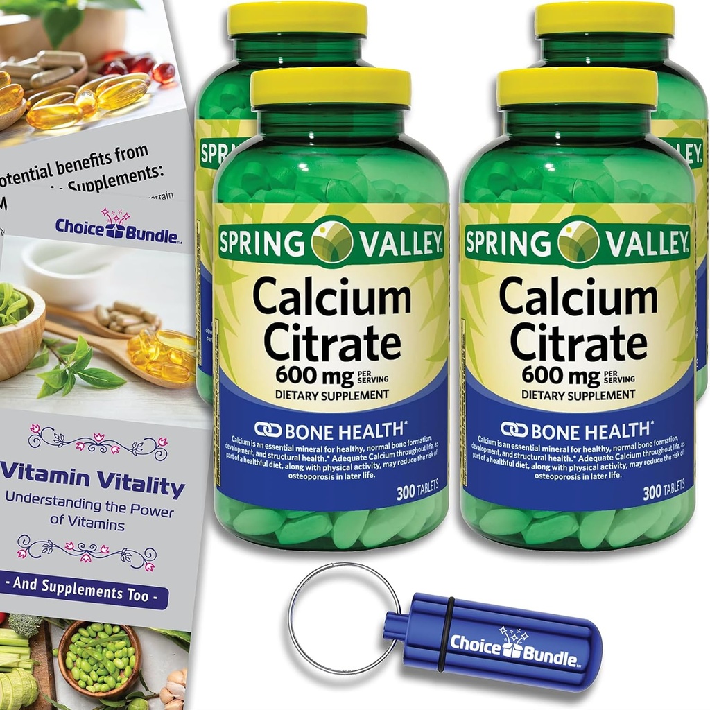 Spring Valley Kaltsiumtsitraat Tabletid Dieet Täiendus 600 mg 300 Ct 4 pk Valikukomplekt (1200 Kokku) + Vitamiini juhend ja pillide konteiner (6 tükki)!