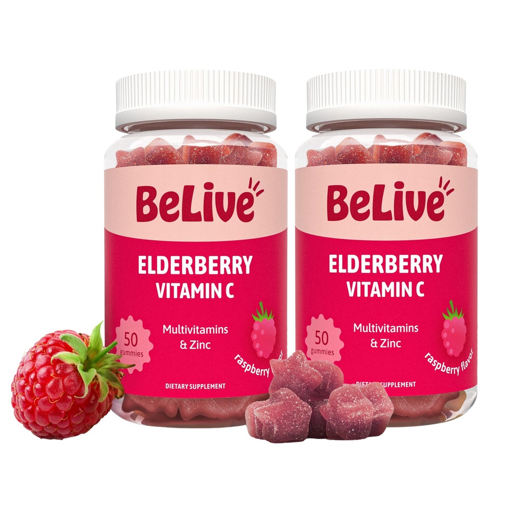 BeLive Elderberry Gummies koos tsingi ja C-vitamiiniga - D-vitamiini, A-, E-, B12-vitamiini immuunsüsteemi tugilisand - tervislike luude ja hammaste, vegani, Keto ja mitte-GMO - Vaarikamaitse | 2-Pack
