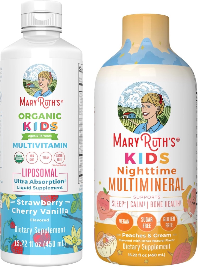MaryRuthi öine multimineral (virsikud ja kreem) ja multivitamiin Liposomal (Maasikas kirss & Vanilla) lastele | Clean Label Project Verified® | Vegan Vitamiinid lihaste lõdvestamiseks ja üldiselt W