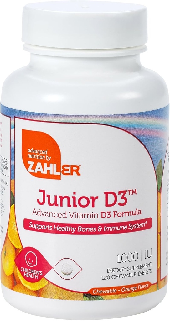 Zahler Junior D3 näritav 1000 IU , lapsed D-vitamiin , hea maitsega näritav D-vitamiin lastele , optimaalne D3-vitamiin 1000 RÜ lastele , sertifitseeritud Kosher , 240 närimistabletti