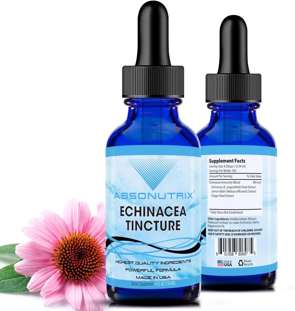 Absonutrix Echinacea Tinktuur Advanced Formula 390 mg, 4 Oz Vedelik, 302 Servings, Made in USA, Quick Absorption, Quality Potent Ingredients, Non-GMO, GMP Certified Facility, Julmusevabad tooted