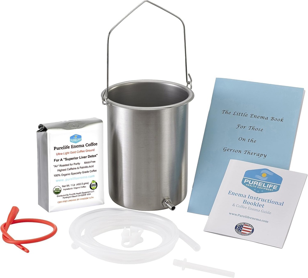 Purelife Detox Coffee Enema Kit - Made in USA - 2 Qt / Superior Non Toxic Made in USA Quality / 1 lb Purelife Ultra Light Gold Enema Coffee - Lab Testitud ilma mükotoksiinideta - Silicone Tubing