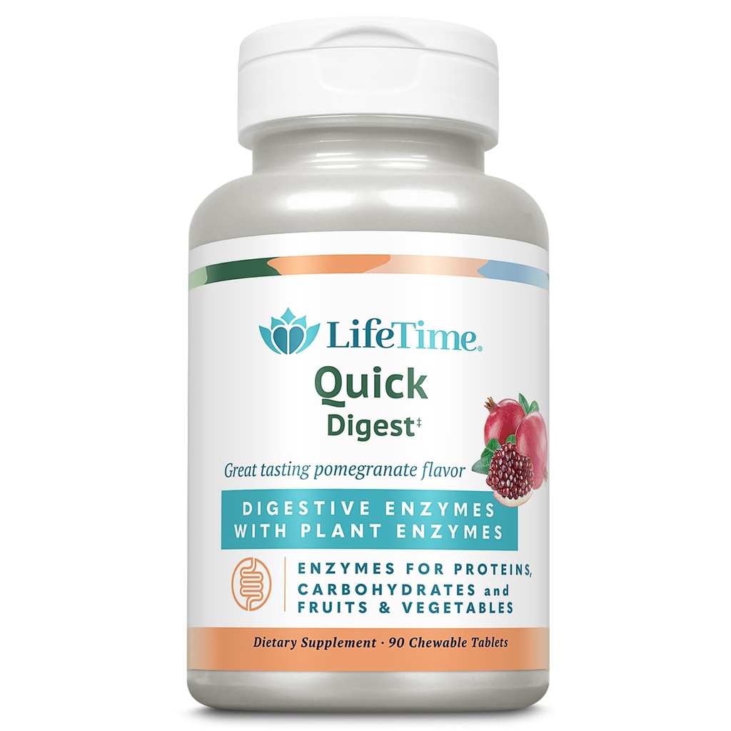 LIFETIME Quick Digest Seedeensüümid - Taimeensüümid valkudele, süsivesikutele, puuviljadele ja köögiviljadele - Seedetrakti tervisetoetus - Granaatõunamaitse - 90 Servings, 90 närimistabletti