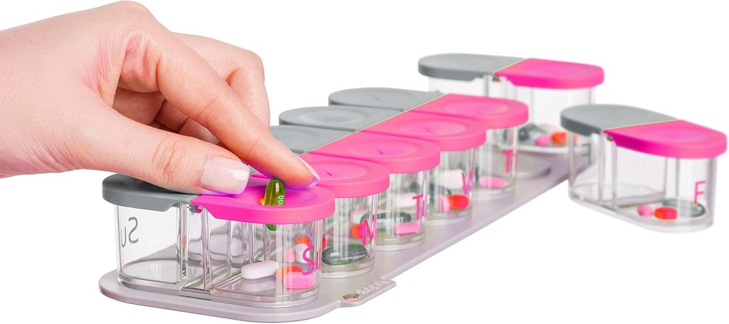 Sagely SMART XL Weekly Pill Korraldaja - ekstra suur 7 päeva AM / PM Pill Box 2 korda päevas tasuta meeldetuletus app (piisavalt, et sobitada kalaõli, tursamaksaõli, D-vitamiini toidulisandeid ja vitamiine) (Pink / Grey)