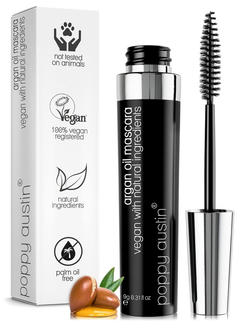 Poppy Austin Organic Mascara, Natural, Vegan, Paraben-Free, Julmusevaba - Hüpoallergeenne Mascara Lengthening & Volumizing with Argan Oil - 0,31 Fl Oz (must)