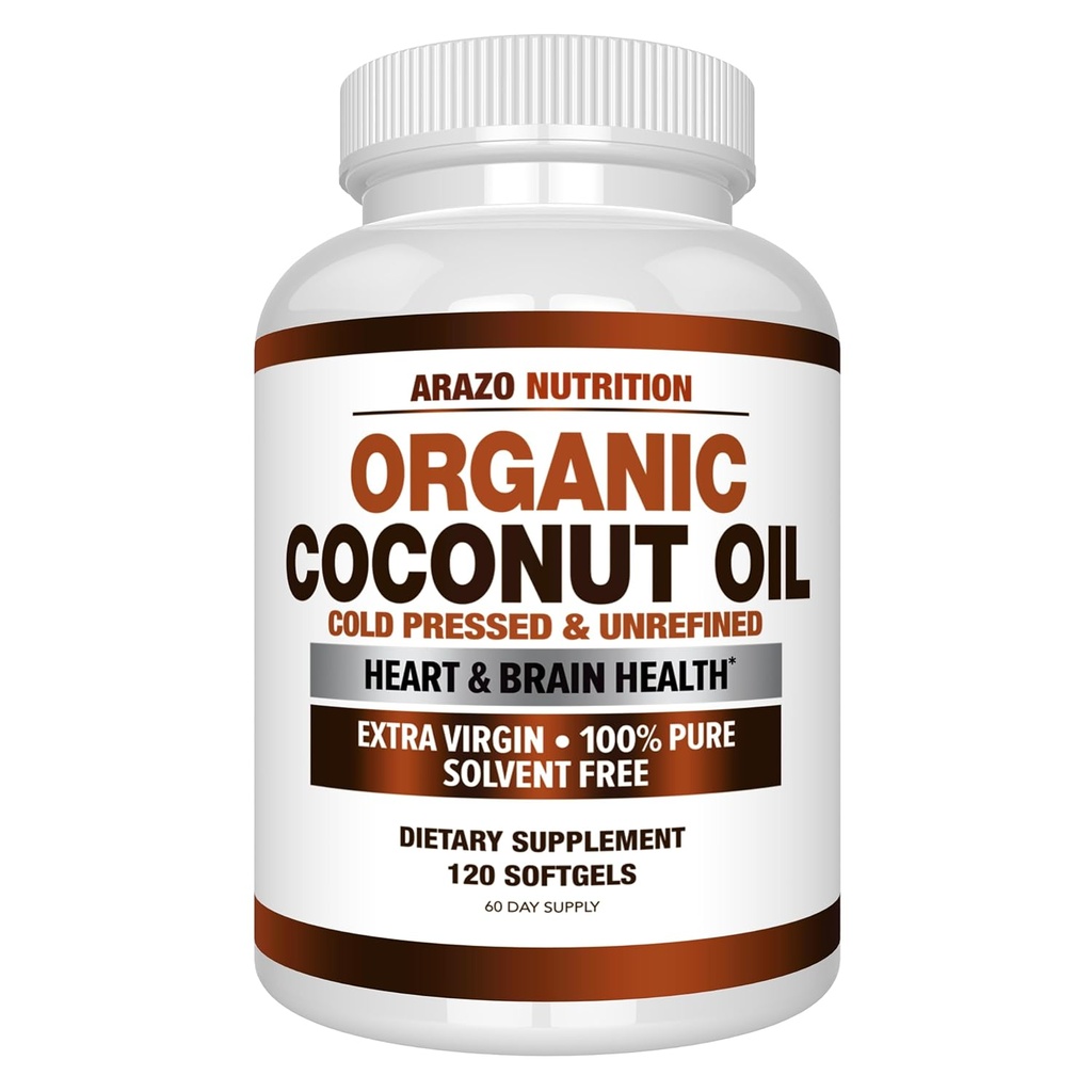 Arazo Toitumine Orgaaniline Kookosõli 2000 MG - 100% Extra Virgin Rafineerimata Külm pressitud kaalutoetus, nahk, juuksed, küüned - 120 Softgel kapslid