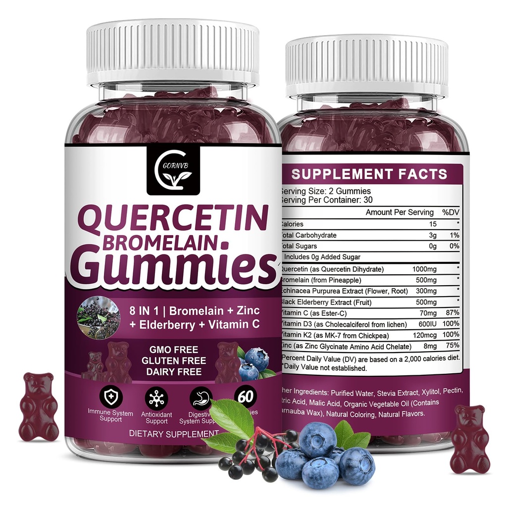 Quercetin Gummies Bromelain 2378mg - segu leedrimarjaga, Echinacea Purpurea ekstrakt, tsink, C-vitamiin, D3, K2, Kompleks toetab immuunsüsteemi, südame-veresoonkonna ja hingamisteede, Vegan Gummy täiskasvanutele ja lastele