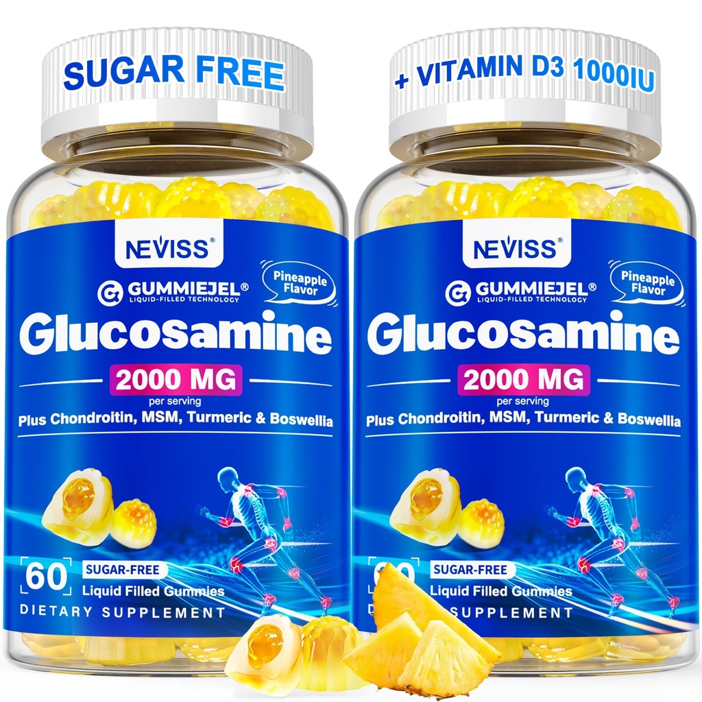 Suhkruvaba Glükoosamiin Täidetud Kummid - Glükosamiinilisand Plus Kondroitiin, MSM, Kurkum, Boswellia, Hüaluroonhape, D3-vitamiin ja tsink, 120 Gummies, 60 Serving