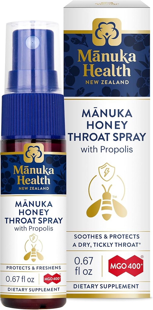 MANUKA TERVISHOID, Manuka Honey Throat Spray koos propolis .67 fl oz, Protects & Freshens, MGO 400+, BIO30 Uus-Meremaa Propolis