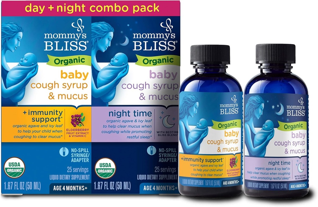 Emme Bliss Organic Baby Cough Syrup & Mucus Relief, Day and Night Combo Pack, Sisaldab orgaanilist Agave ja Ivy Leaf, vanuses 4 kuud +, 1.67 Fl Oz (pakk 2)