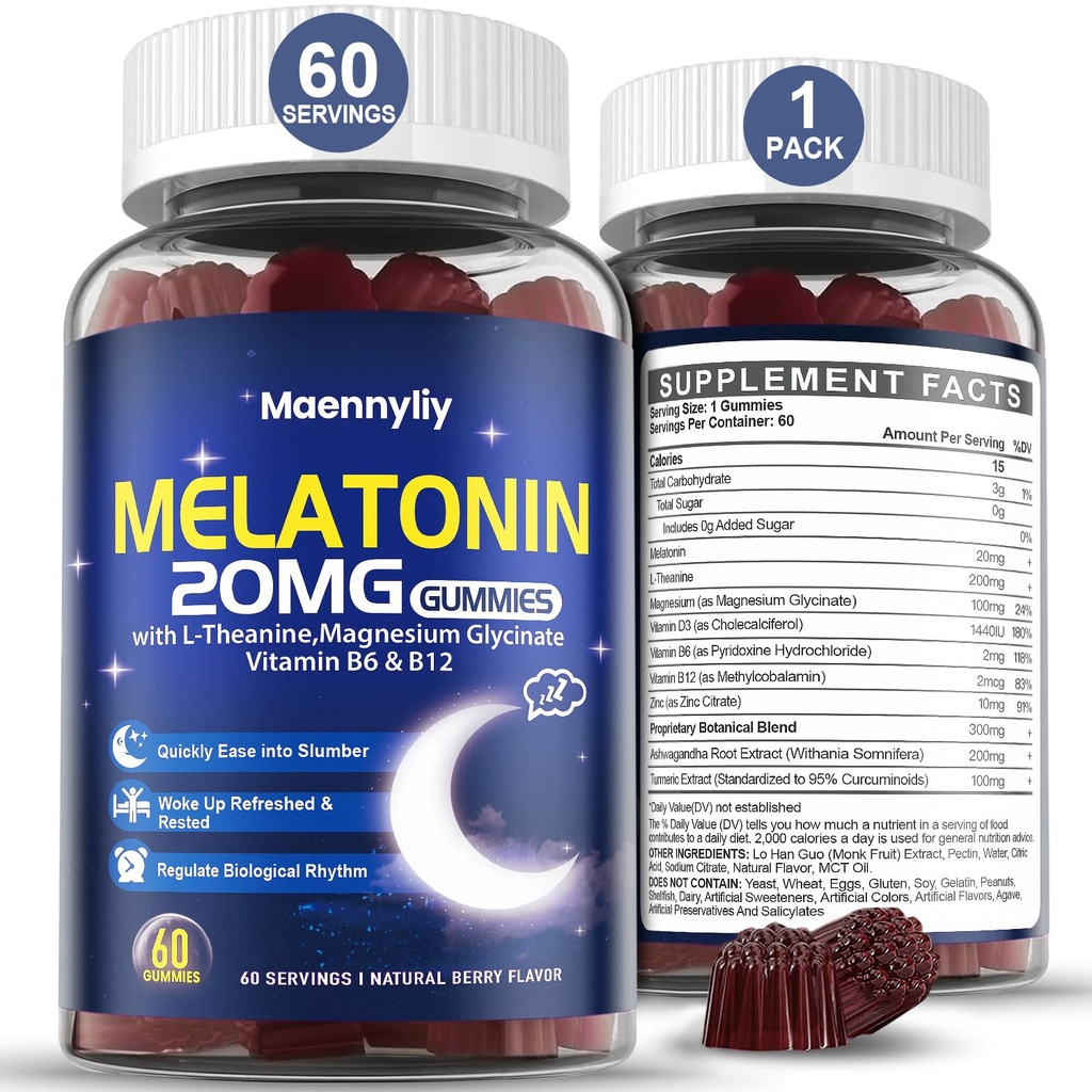 Melatoniin 20mg Gummies täiskasvanutele - Suhkruvaba melatoniin Gummies ekstra tugevus L-Theanine, Magneesium, Ashwagandha, Kurkum, D3 & Tsink - Mitte-Habit Forming