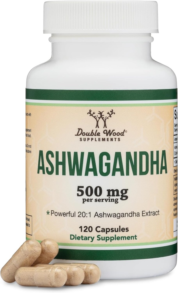 Ashwagandha kapslid, 120 loend (500 mg ekstrakt 20: 1 tugevus) Adaptogeeni stressi leevendamine kahekordse puiduga