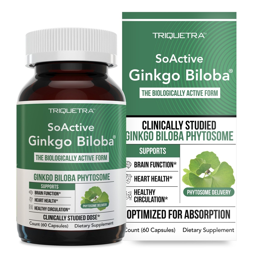 SoActive Ginkgo Biloba koos GinkgoSelect® Phytosome | Kliiniliselt uuritud tõhustatud imendumine aju, südame ja mälu toetamiseks - 180 mg - aitab säilitada vereringet ja kognitiivset tervist (60 kapslit)