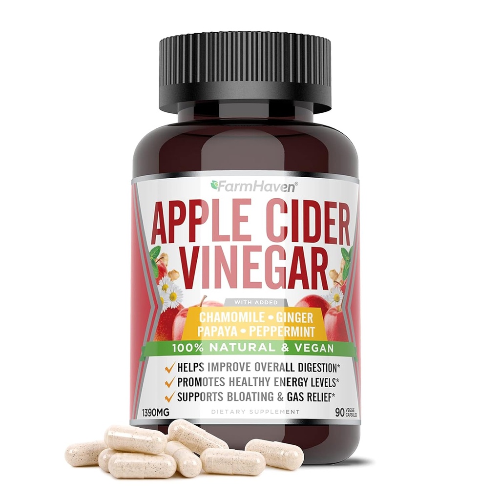 FarmHaveni õunasiidri äädikakapslid emaga, ACV kapslid emaga 1390MG, Apple Siidri äädikapillid ingveriga, Apple Äädikapillid seedimiseks Tervislik, Äädika tabletid emaga