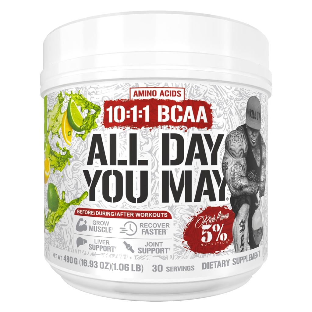 5% Toitumine Rikas Piana AllDayYouMay BCAA Pulber | Premium Intra & Post Treening Aminohapped, Hüdratsioon, Kestvus, Lihaste Taastamine, Liigeste Ja Maksa Toetus | 15,3 oz, 30 Servings (sidrunlubja)