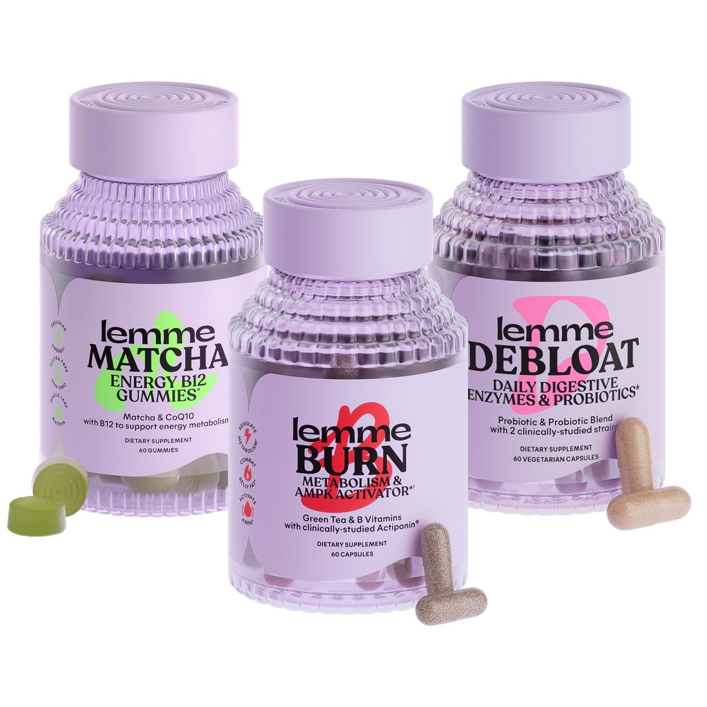Lemme Burn, Debloat & Matcha Bundle - Metabolism & Rasvapõletuskapslid + Puhutavad & gaasivabastuskapslid + Energia B12 Kummid - Gluteenivaba, mitte-GMO - 60 ct. ea