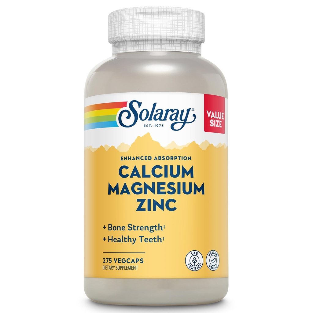 SOLARAY Calcium Magneesium Tsink Supplement - koos kaltsiumi 1000mg, magneesium 500mg - Luude Tervis, lihaste funktsiooni, südame tervise ja immuunsüsteemi tugi - Vegan, 60 päeva garantii, 68 Servings, 275 VegCaps