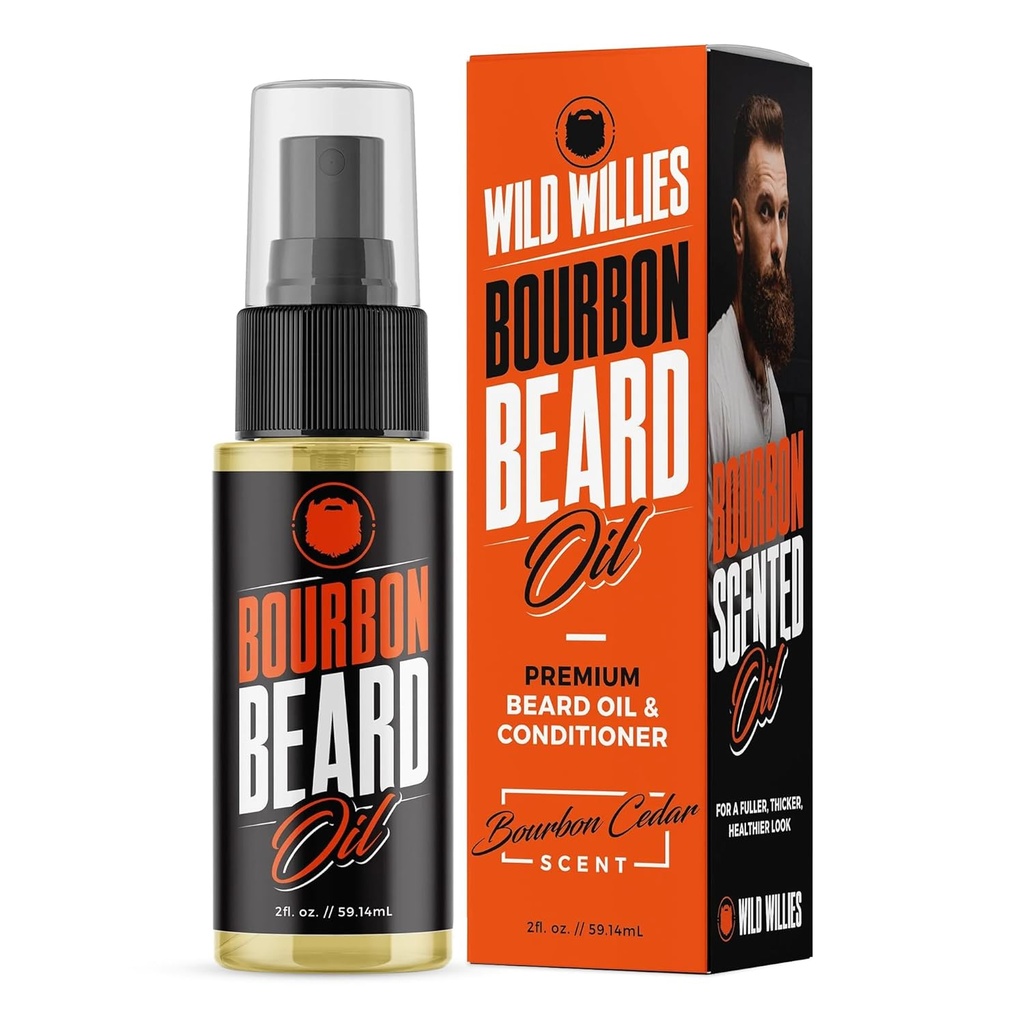 Wild Willies Premium Beard Oil & Conditioner (Bourbon Cedar) - looduslikud, orgaanilised koostisosad ja eeterlikud õlid soodustavad habeme kasvu, eemaldab süvi ja kõõm - sügav pehmendaja ja taastab niiskuse - 2 Oz