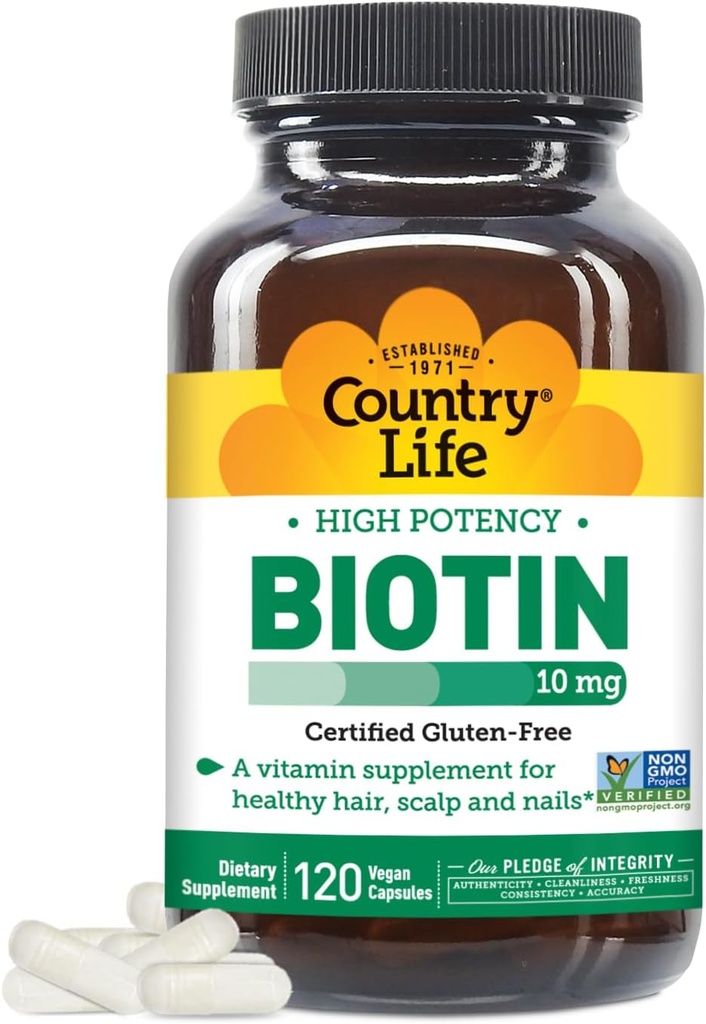 Country Life High-Potency Biotin 10mg - Vegan & Gluteenivaba biotiini lisand nahale ja küüntele, energia ainevahetus - Biotiin 10000mcg kapslid