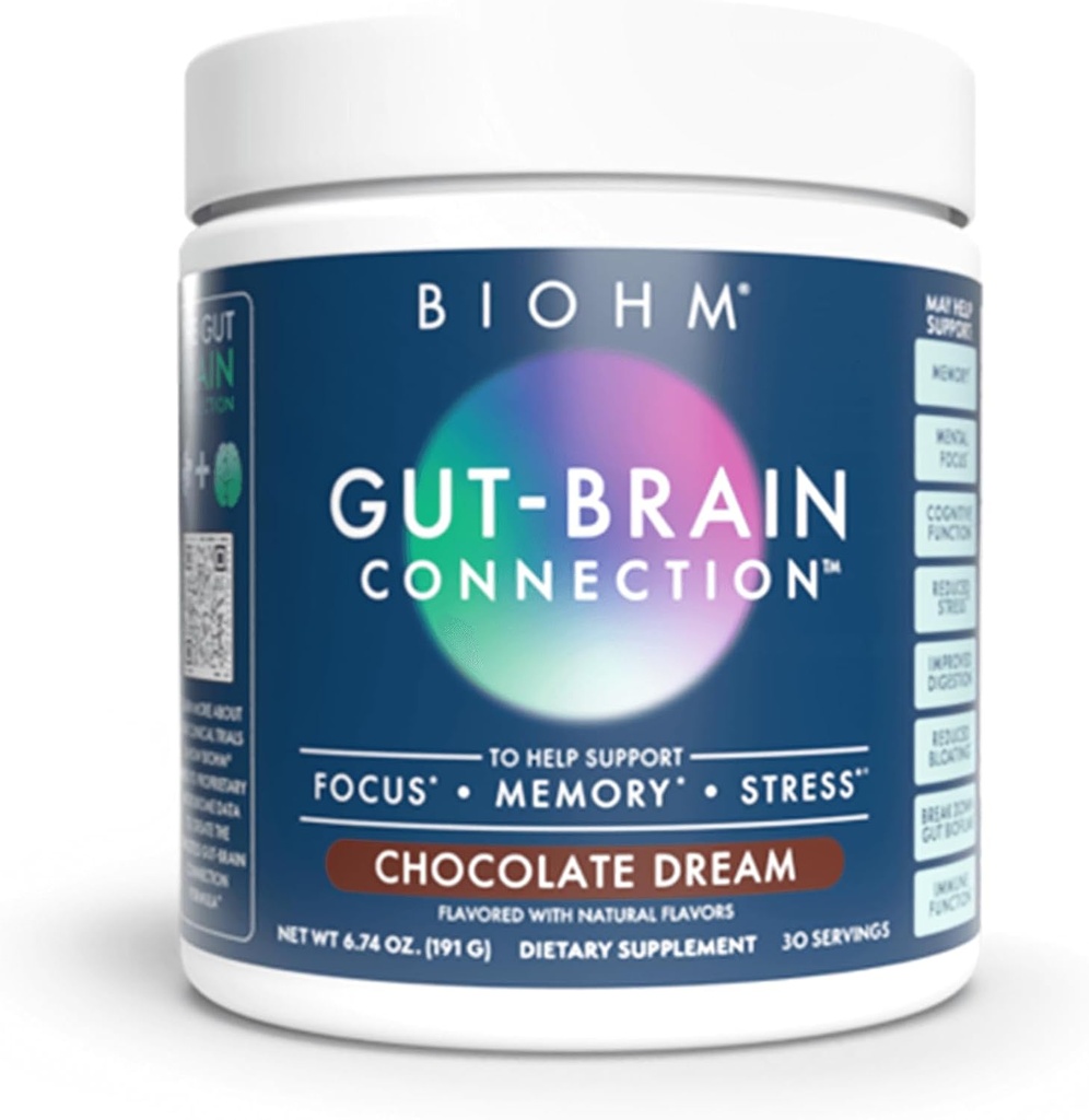 BIOHM Gut-Brain Connection Memory & Focus Supplement (6,74 Oz, 30 Servings) toetab soolestiku tervist ja kognitiivset heaolu, aitab parandada meeleolu, probiootikume, lõvi Mane & Bacopa Monneiri, šokolaadimaitse
