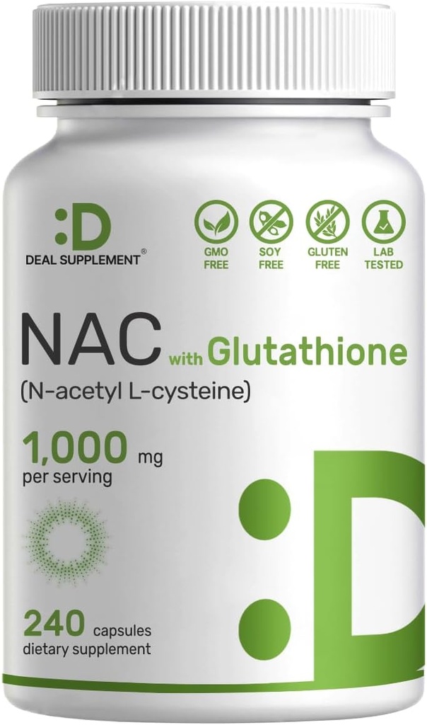 NAC-i lisand (N-atsetüültsüsteiin) 1000 mg ühe serveerimise kohta vähendatud glutatiooniga, 240 kapslit - antioksüdandi tugi immuunsüsteemi tervisele, kopsudele ja maksafunktsioonile