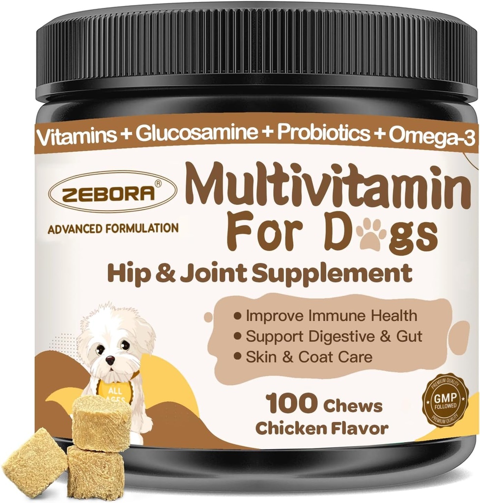 Koer multivitamiin mineraalidega üldiseks terviseks - koerte vitamiinid ja toidulisandid glükosamiiniga, probiootikumid kutsikatele ja vanematele koertele mineraalidega - Omega 3 kalaõli nahale ja kate - 100 närimist