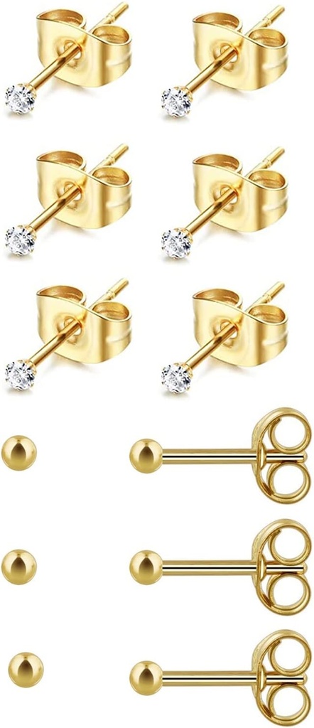 6Pairs 2mm / 3mm Kirurgiline teras Hüpoallergeenne augustamine naastud, 20G 14K Real Gold Filled Tiny Stud Earrings komplekt mitme augu augustamine (Kuubiline tsirkoonium, pärl, pall)