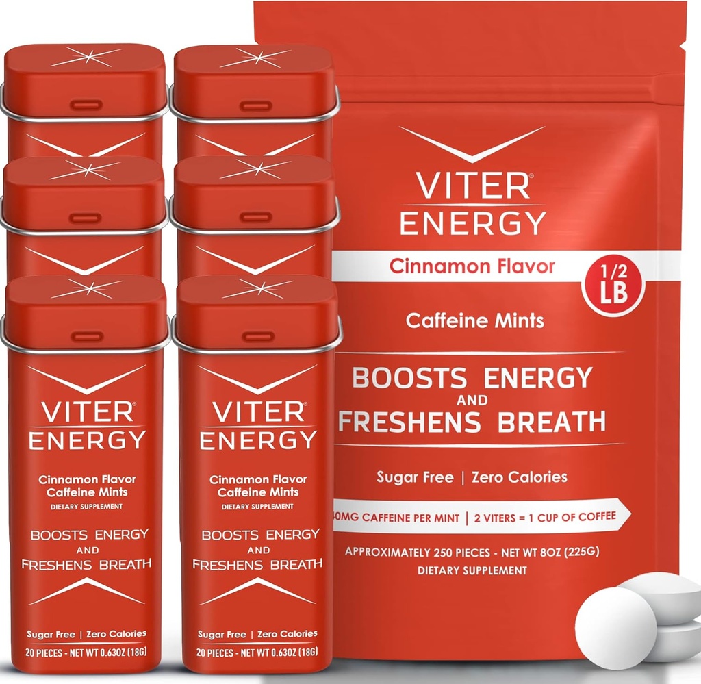 Viter Energy Original Caffeine Mints Cinnamon Maitse 6 Pack ja 1/2 naela Bulk Bag Bundle - 40mg Kofeiin, B Vitamiinid, Suhkruvaba, Vegan, Võimas energia suurendaja fookus ja häire